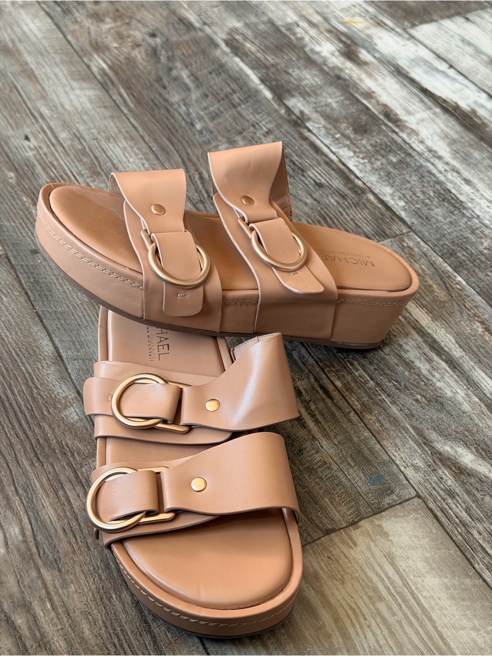 Michael Shannon Tan Double-Strap Platform Slide Sandals with Gold Rings